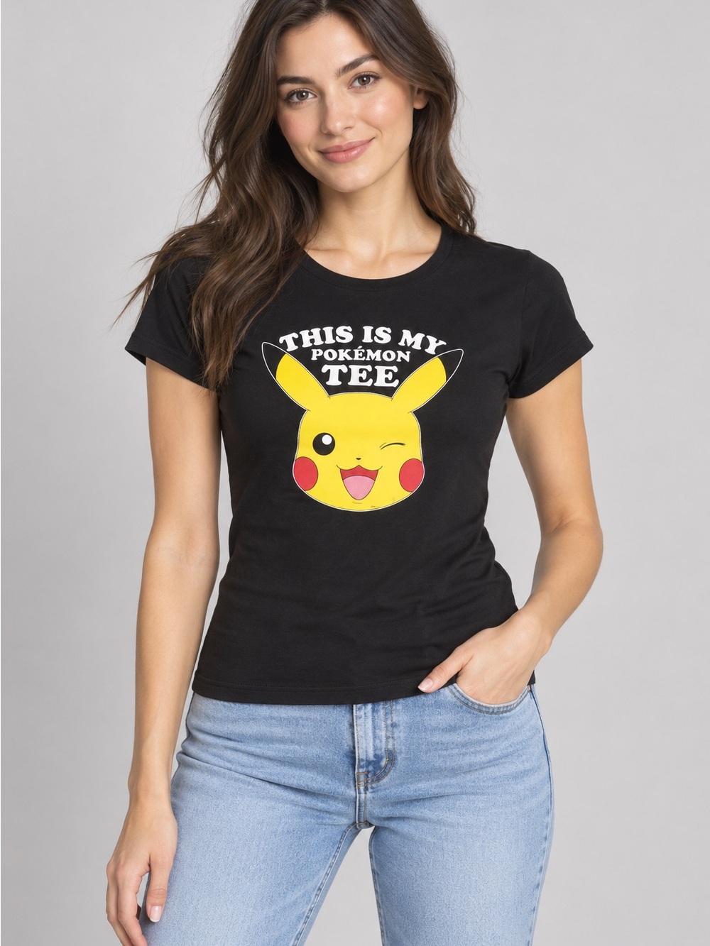 Pokemon Pikachu Graphic T-Shirt Black Winking Face Short Sleeve Tee Large